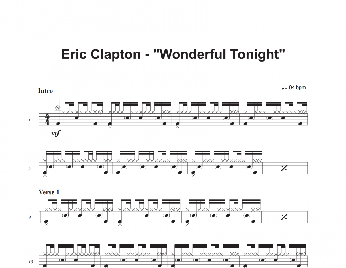 Eric Clapton-Wonderful Tonight架子鼓谱爵士鼓曲谱