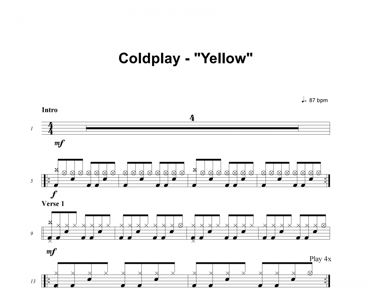 Coldplay-Yellow架子鼓谱 老虎不说谎制谱