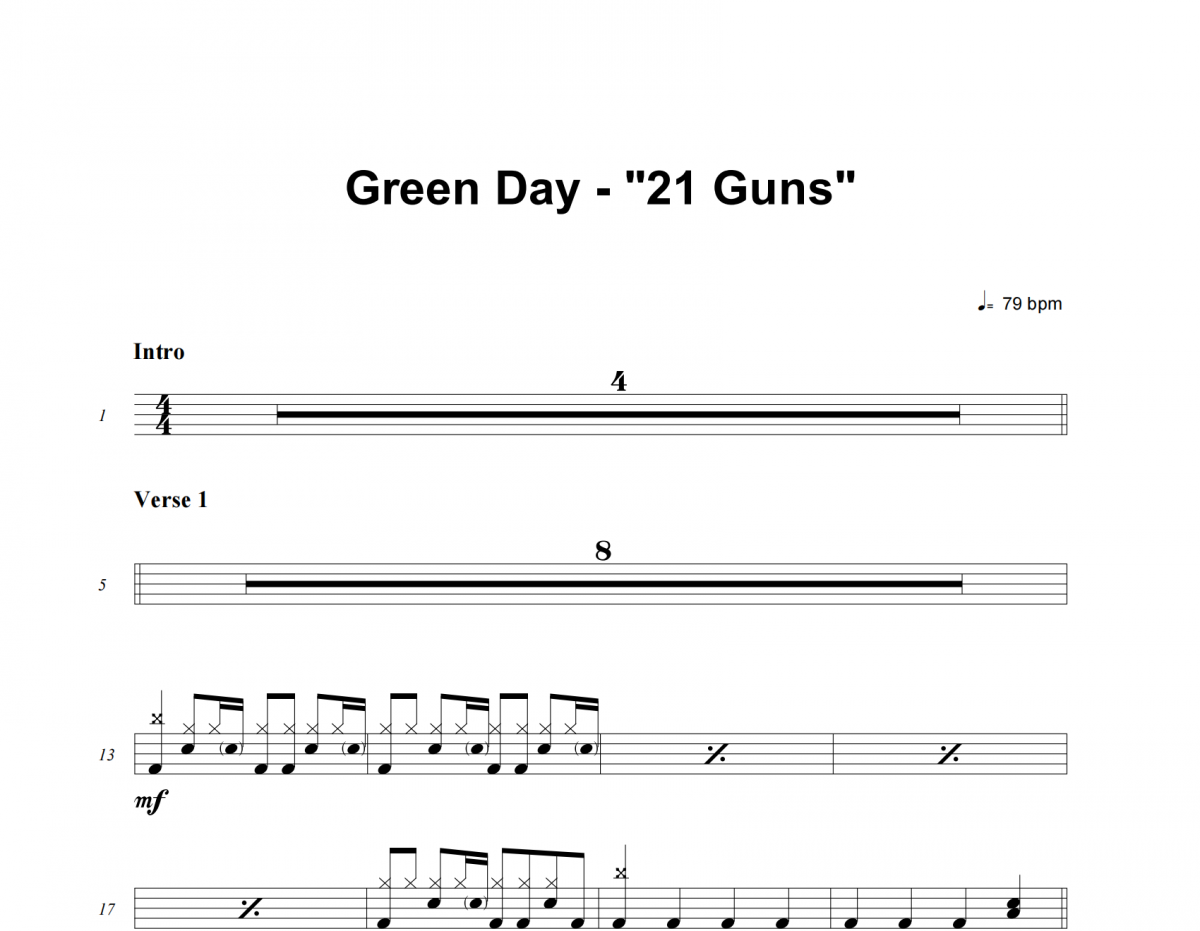 21 Guns鼓谱 Green Day-21 Guns架子鼓谱