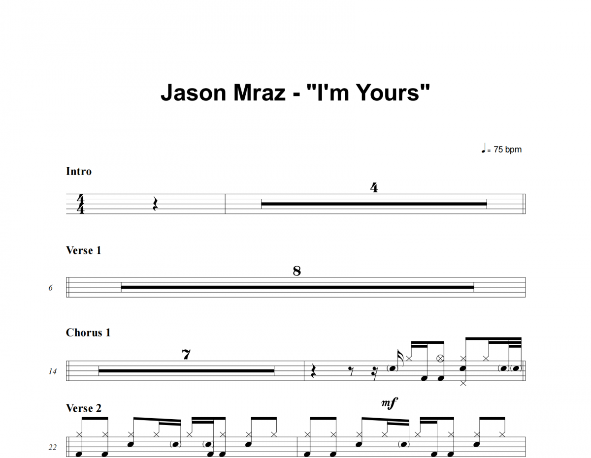 Jason Mraz-I'm Yours架子鼓谱爵士鼓曲谱