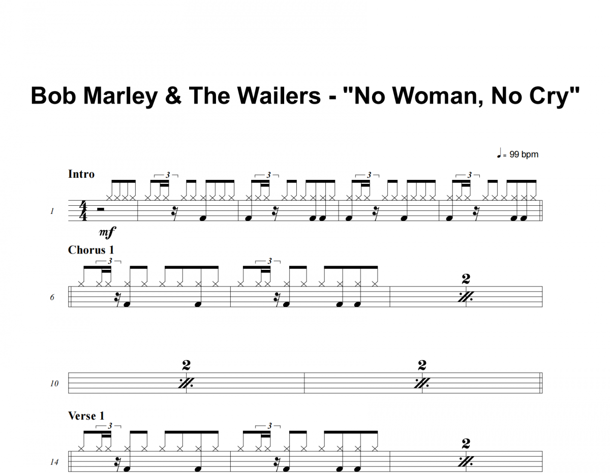 Bob Marley/The Wailers-No Woman No Cry架子鼓谱爵士鼓曲谱