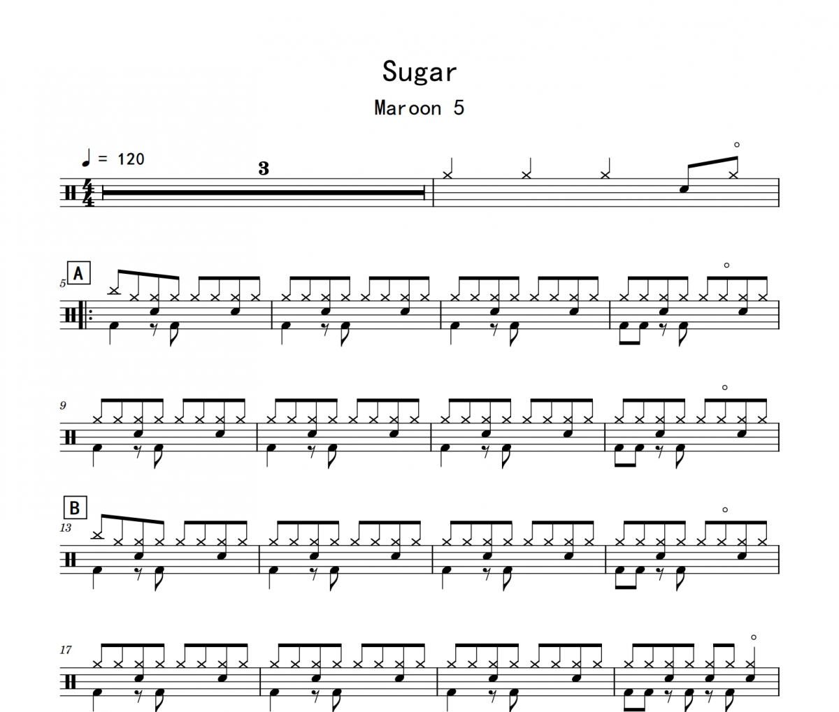 Maroon 5-Sugar（视频版）架子鼓谱爵士鼓曲谱