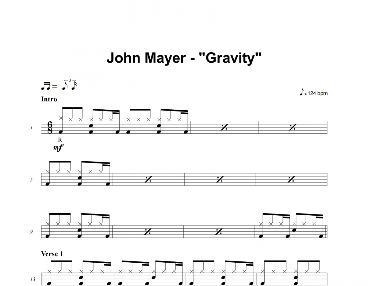 John Mayer-Gravity架子鼓谱爵士鼓曲谱