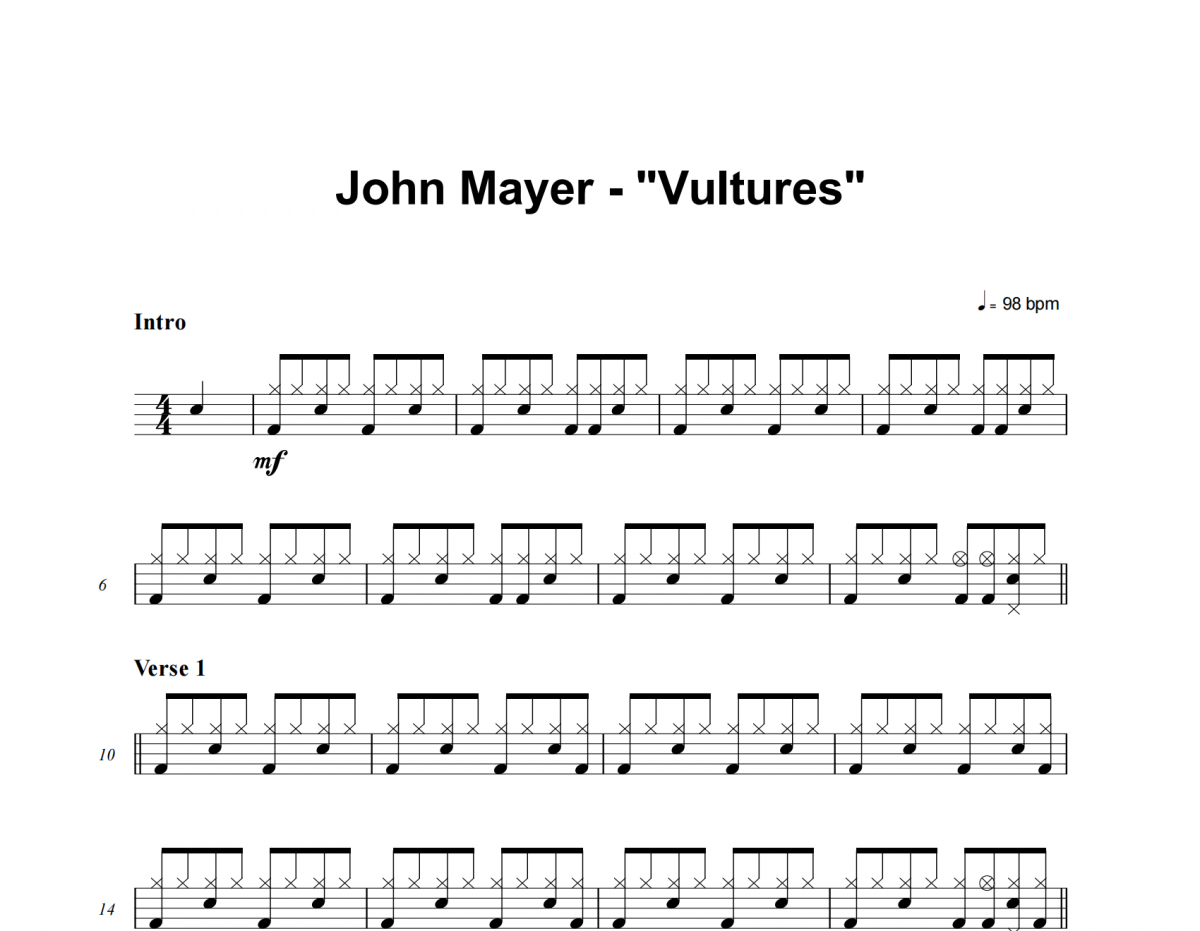 John Mayer-Vultures (Album Version)架子鼓谱爵士鼓曲谱