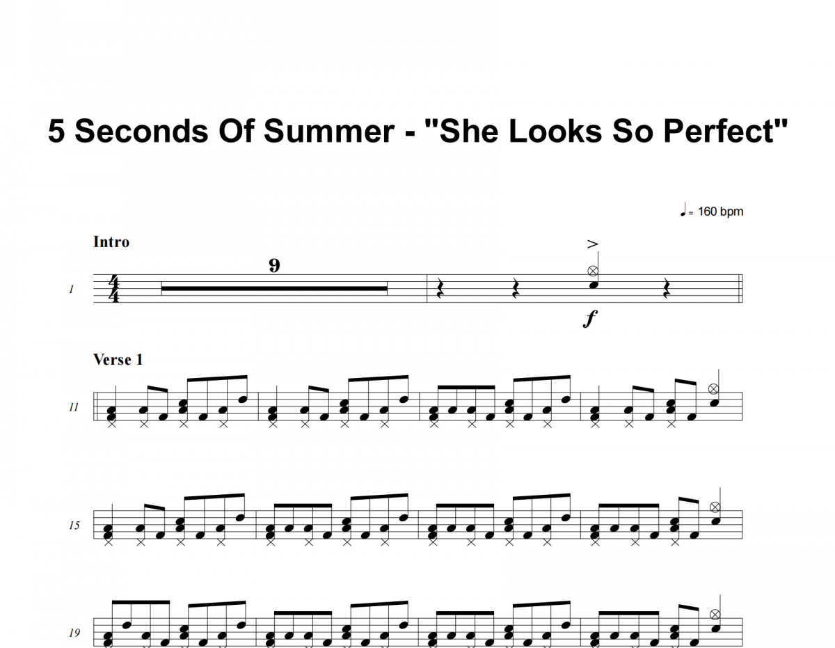 5 Seconds Of Summer-She Looks So Perfect架子鼓谱爵士鼓曲谱