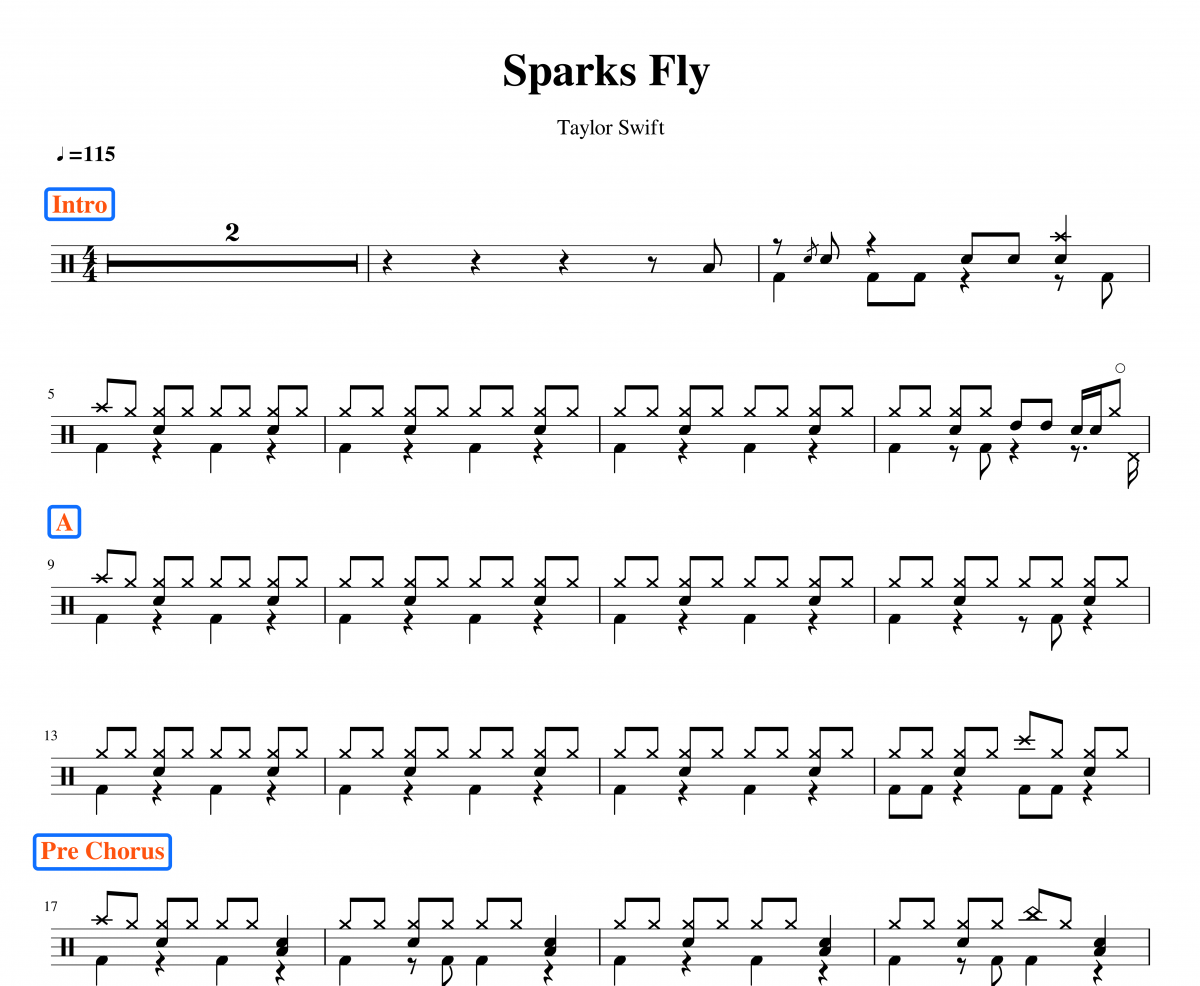 Taylor Swift Sparks Fly架子鼓谱爵士鼓谱