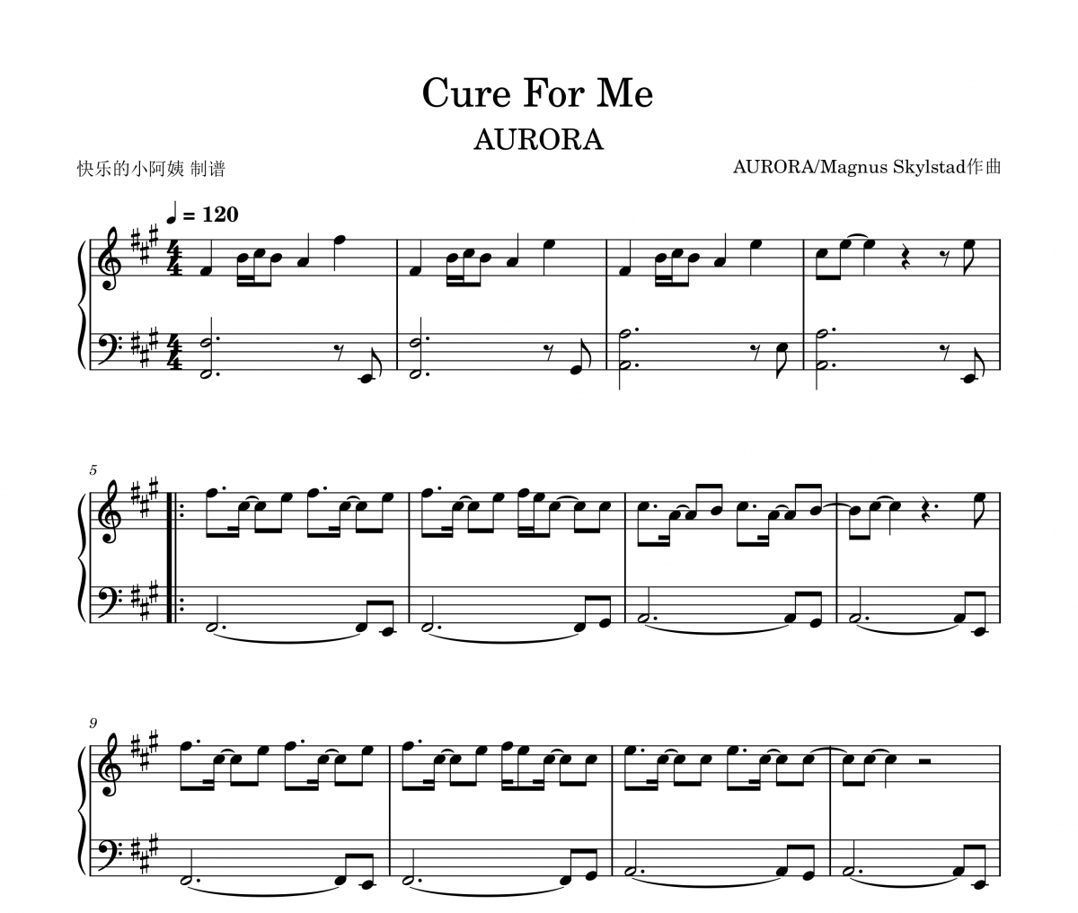 Cure For Me钢琴谱 AURORA《Cure For Me》五线谱|钢琴谱