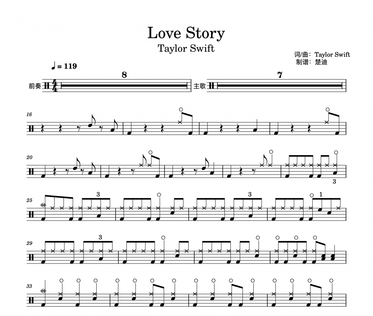 Love Story原版鼓谱 Taylor Swift《Love Story》原版架子鼓|爵士鼓|鼓谱