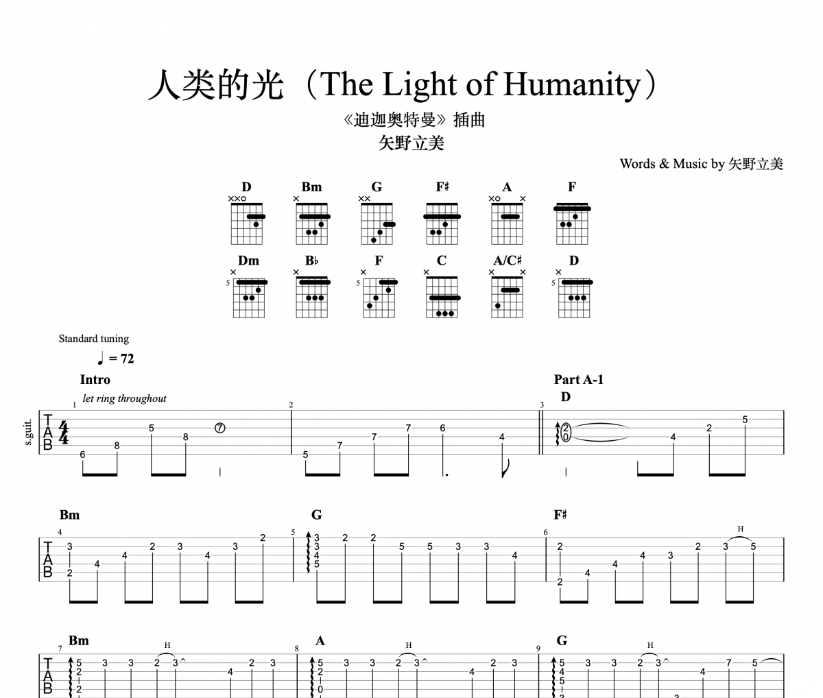 矢野立美-《人类的光（The Light of Humanity）》《迪迦奥特曼》插曲吉他谱