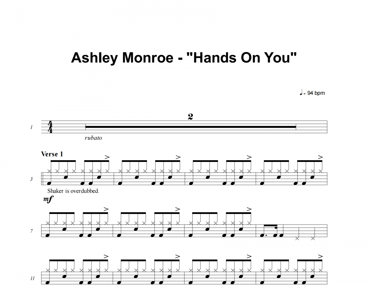 Hands On You鼓谱 Ashley Monroe《Hands On You》架子鼓|爵士鼓|鼓谱