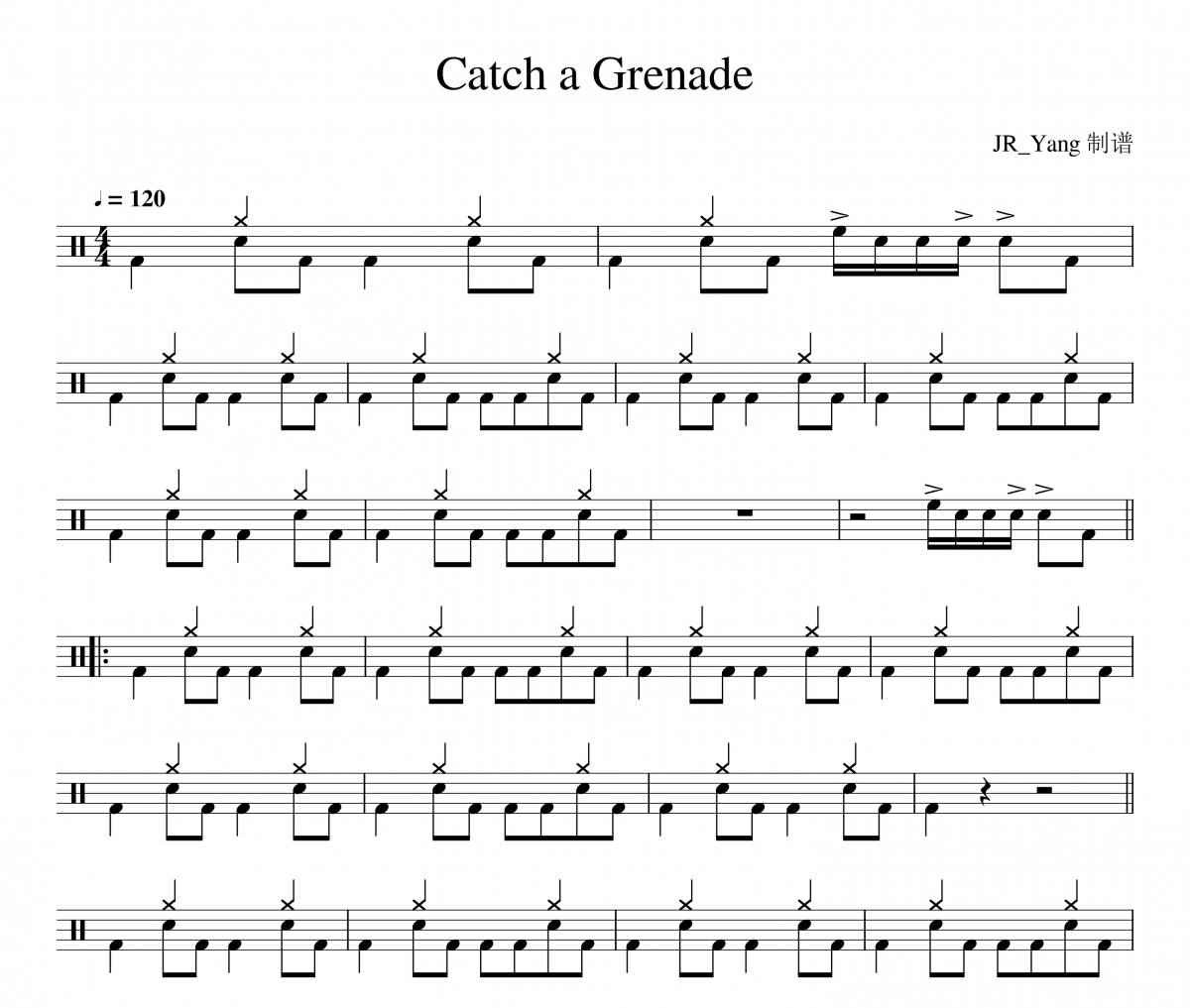 Catch a Grenade鼓谱 Bruno Mars《Catch a Grenade》架子鼓|爵士鼓|鼓谱