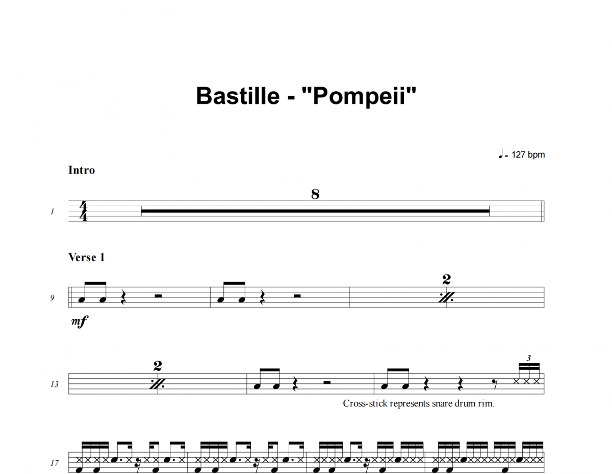 Pompeii鼓谱 Bastille-Pompeii架子鼓|爵士鼓|鼓谱