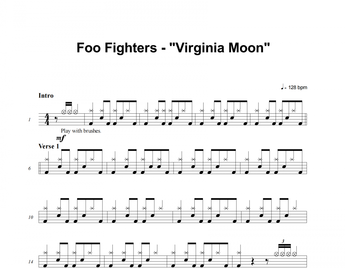 Virginia Moon鼓谱 Foo Fighters-Virginia Moon架子鼓|爵士鼓|鼓谱