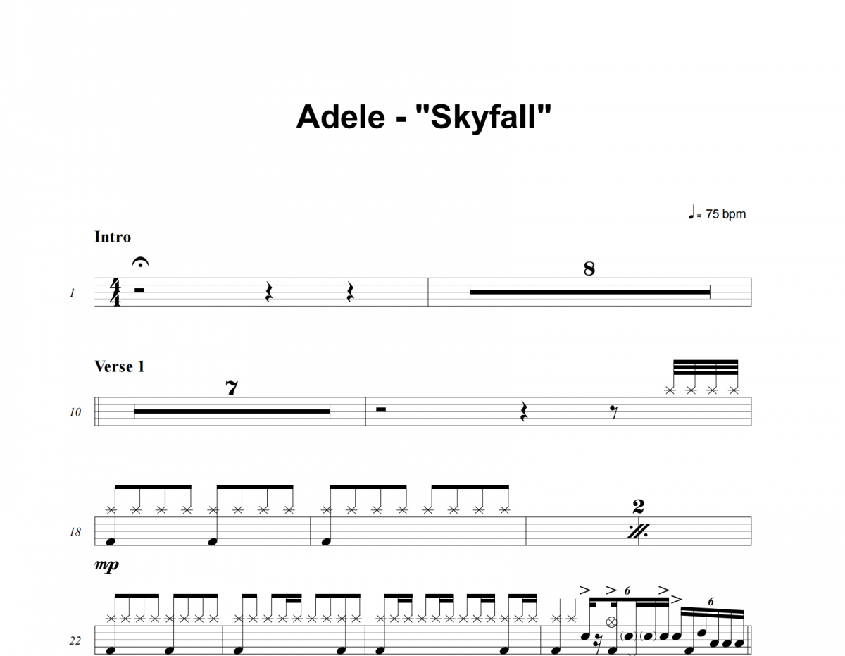 Skyfall鼓谱 Adele《Skyfall》架子鼓|爵士鼓|鼓谱