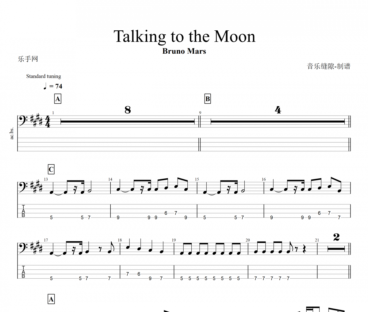 Talking To The Moon贝斯谱 Bruno Mars-Talking To The Moon贝司BASS谱