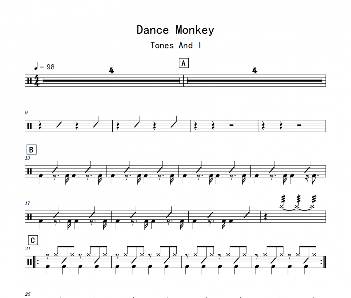 Dance Monkey鼓谱 Tones And I《Dance Monkey》架子鼓|爵士鼓|鼓谱