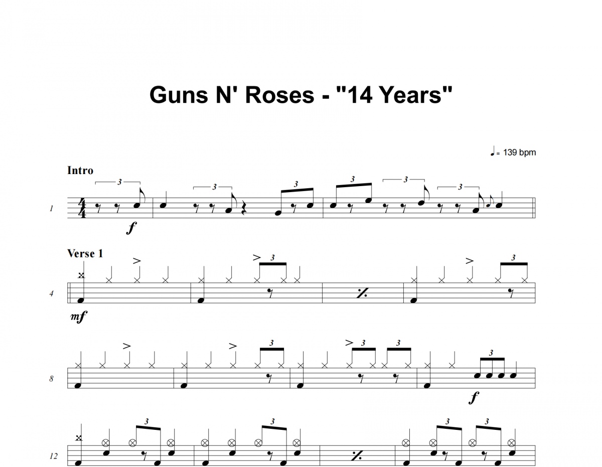 14 Years鼓谱 Guns N' Roses《14 Years》架子鼓士鼓鼓谱