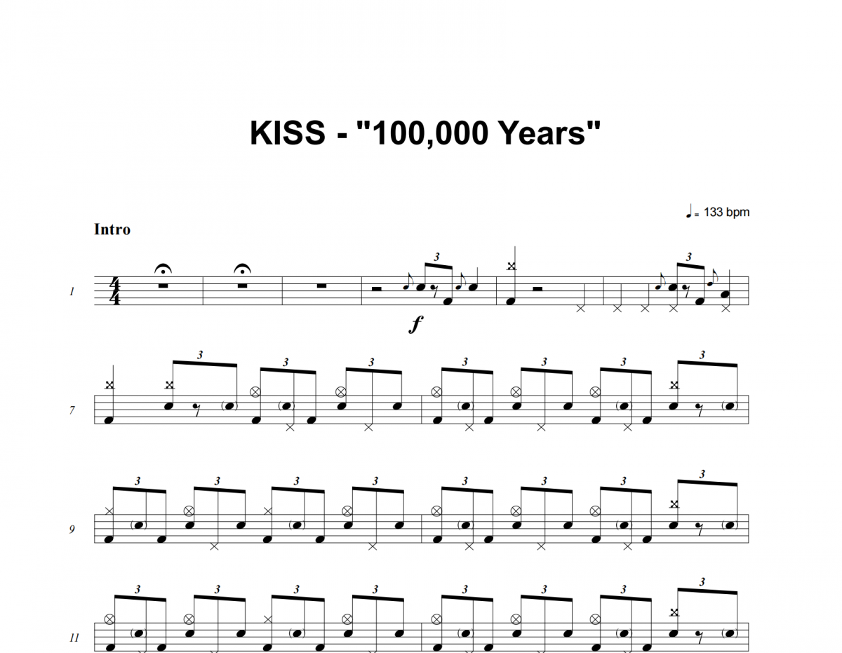 100,000 Years鼓谱 KISS《100,000 Years》架子鼓|爵士鼓|鼓谱