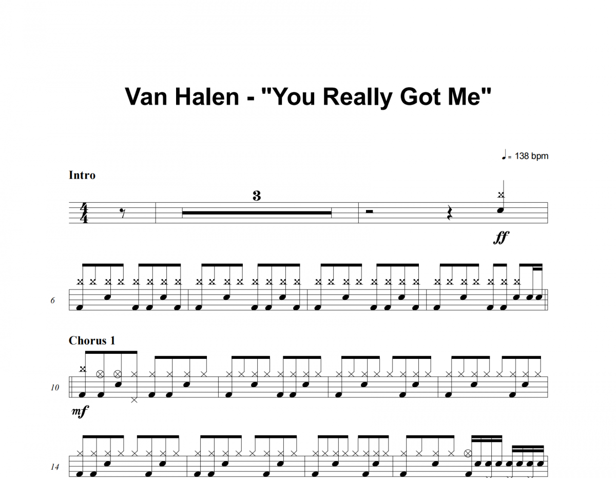 You Really Got Me鼓谱 Van Halen《You Really Got Me》架子鼓|爵士鼓|鼓谱