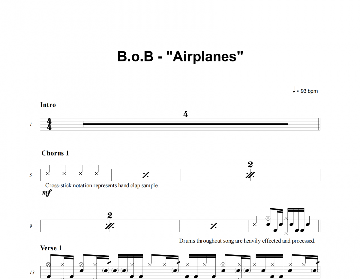 Airplanes鼓谱 B.o.B、Hayley Williams-Airplanes架子鼓|爵士鼓|鼓谱