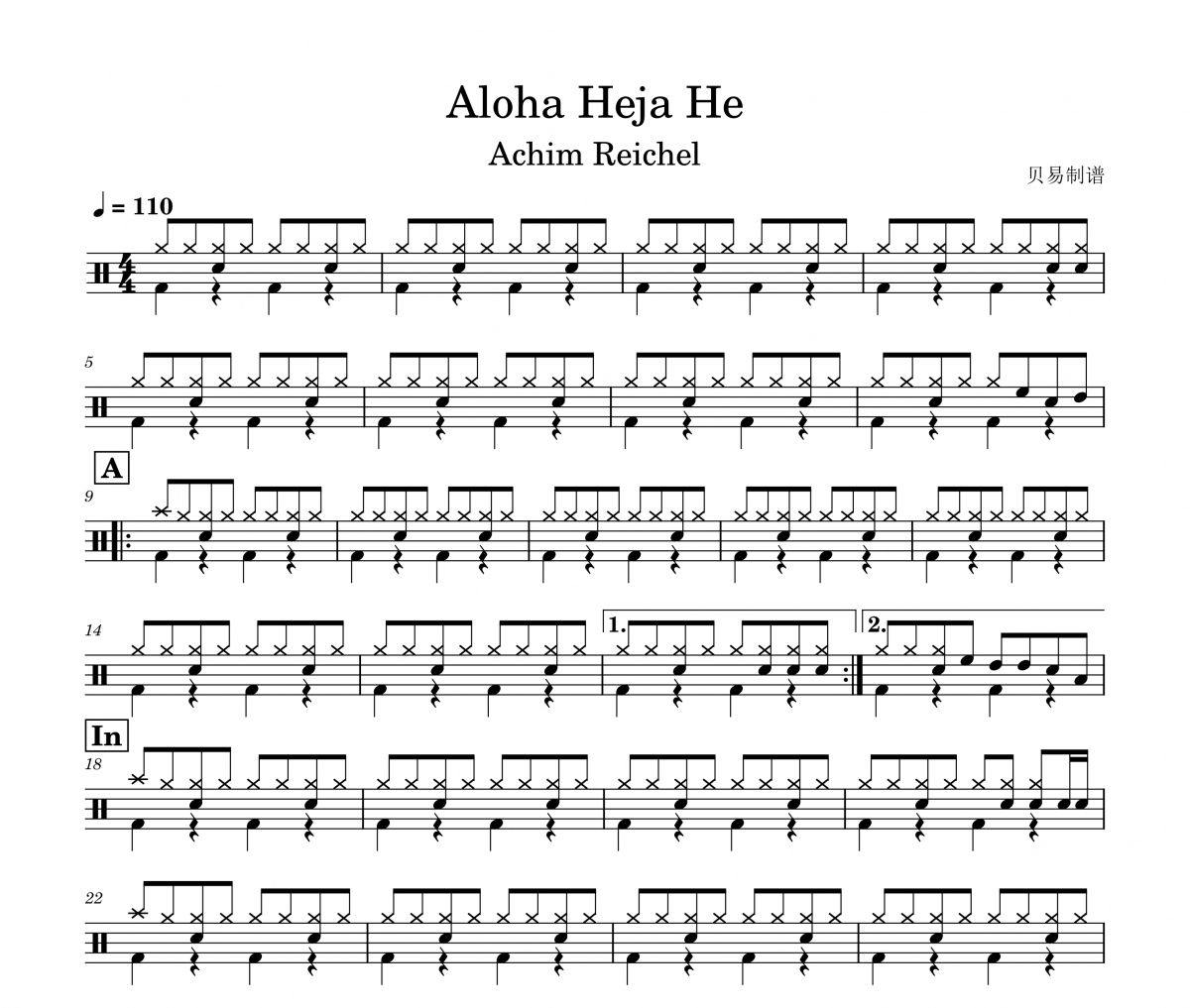 Aloha Heja He鼓谱 Achim Reichel《Aloha Heja He》架子鼓|爵士鼓|鼓谱