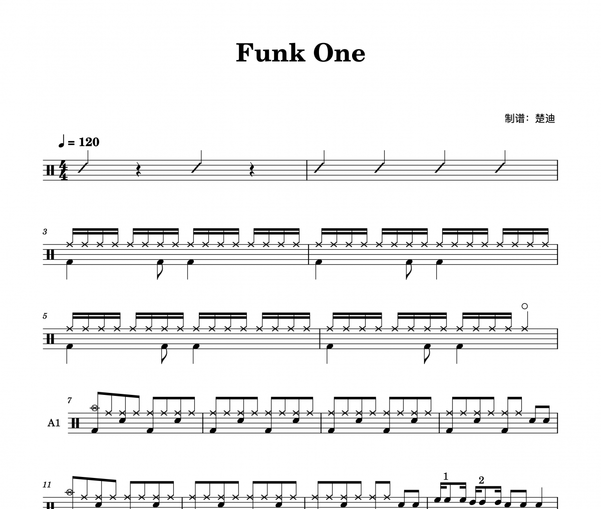 Funk One三级考级曲鼓谱 九拍考级曲《Funk One三级考级曲》架子鼓|爵士鼓|鼓谱