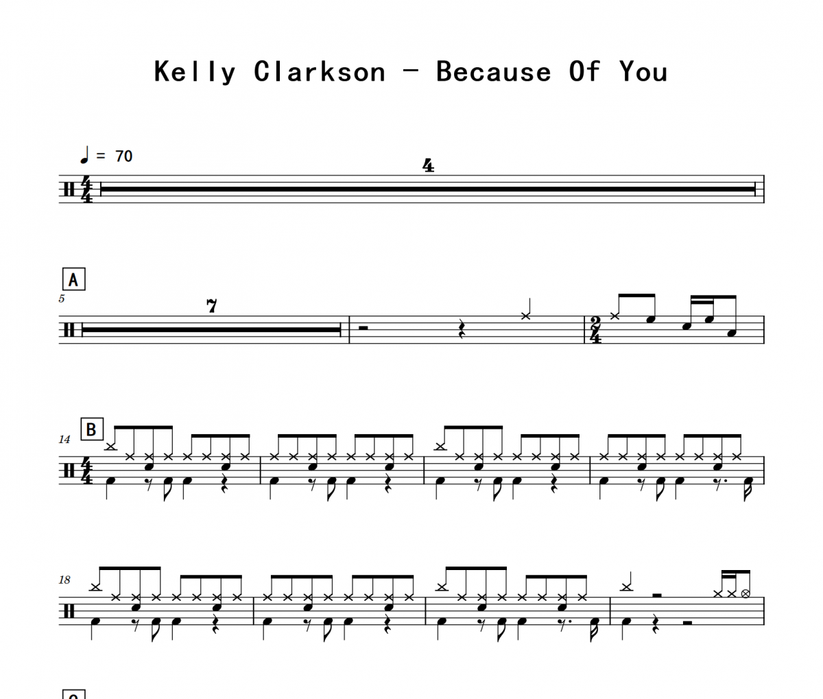 Kelly Clarkson《Because Of You》架子鼓|爵士鼓|鼓谱