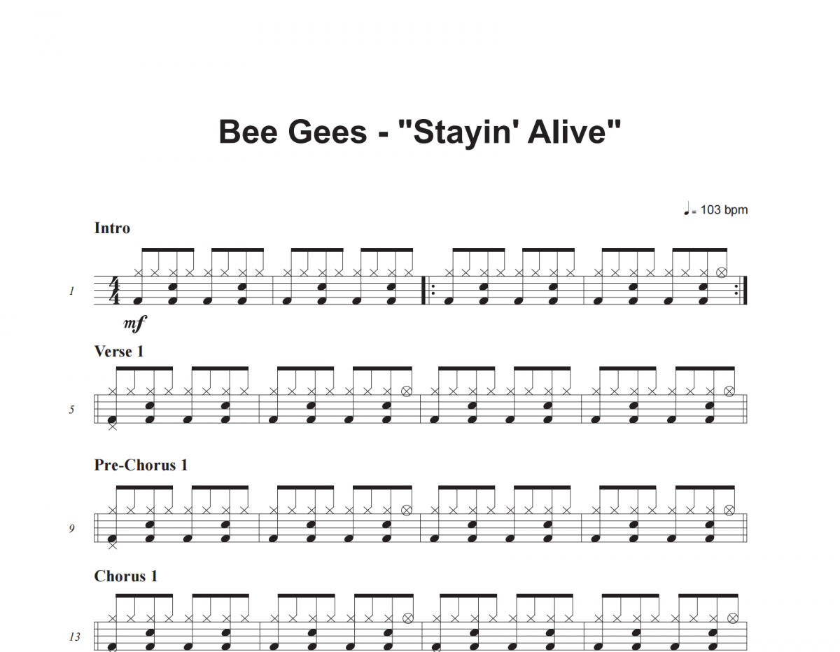 Stayin' Alive鼓谱 Bee Gees《Stayin' Alive》架子鼓|爵士鼓|鼓谱