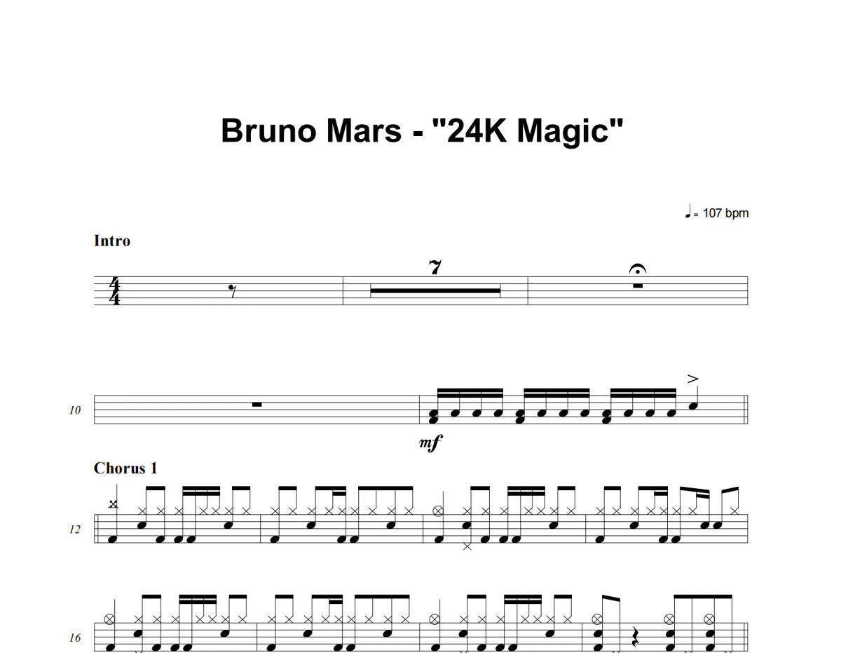 24K Magic鼓谱 Bruno Mars《24K Magic》架子鼓|爵士鼓|鼓谱