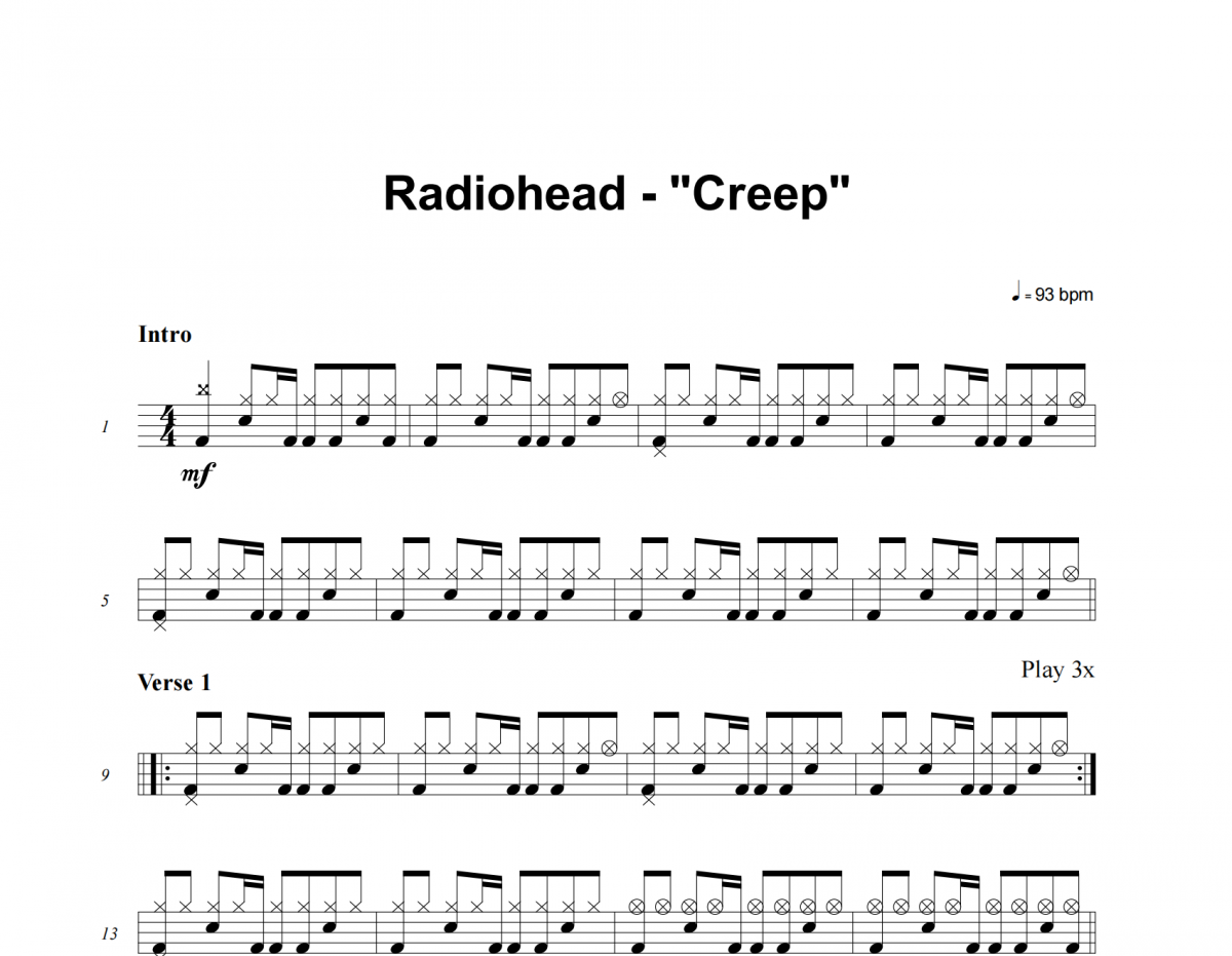 Creep鼓谱 Radiohead《Creep》架子鼓|爵士鼓|鼓谱
