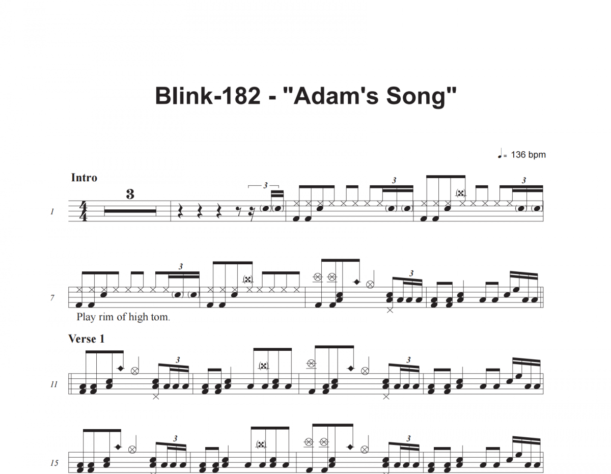 Adam's Song鼓谱 Blink-182《 Adam's Song》架子鼓|爵士鼓|鼓谱