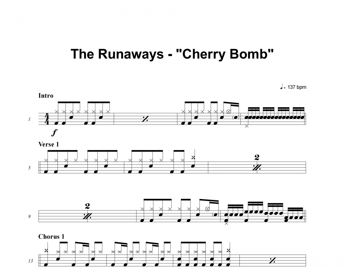 Cherry Bomb鼓谱 The Runaways《Cherry Bomb》架子鼓|爵士鼓|鼓谱