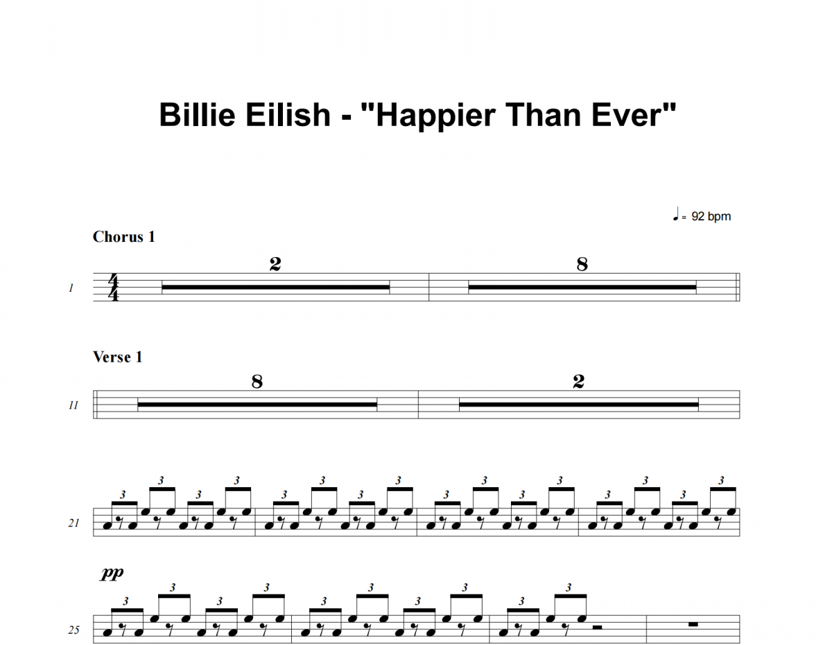 Happier Than Ever鼓谱 Billie Eilish《Happier Than Ever》架子鼓|爵士鼓|