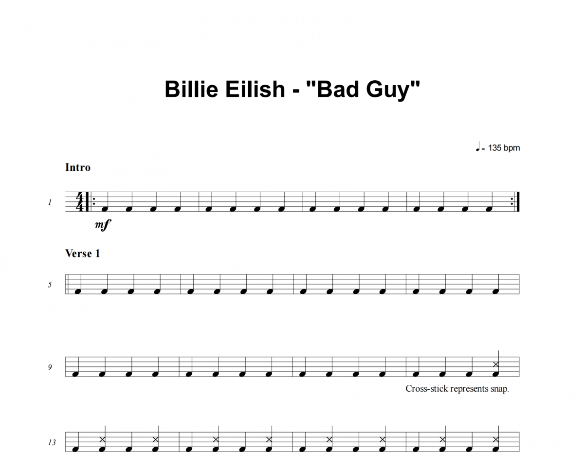 Bad Guy鼓谱 Billie Eilish《Bad Guy》架子鼓|爵士鼓|鼓谱