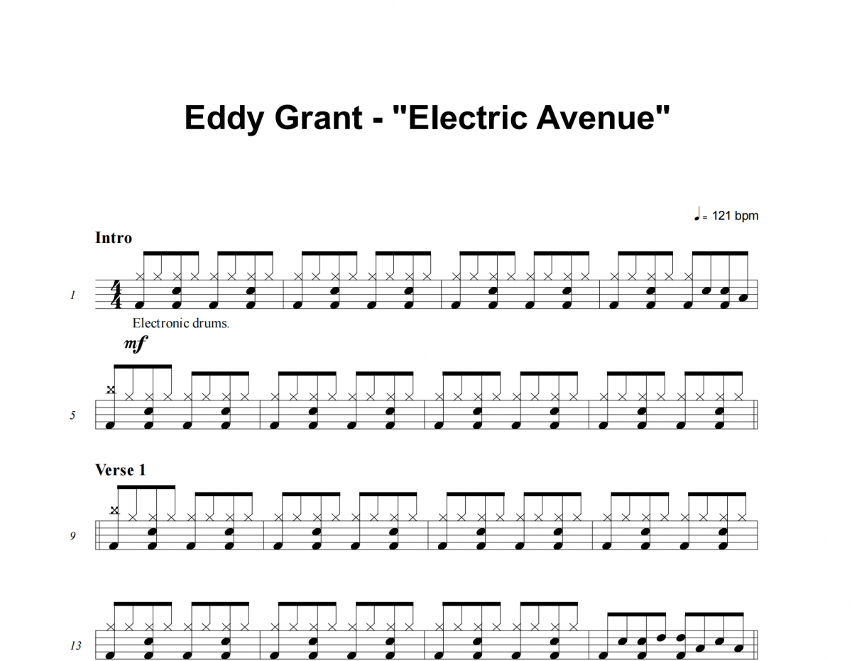 Electric Avenue鼓谱 Eddy Grant《Electric Avenue》架子鼓|爵士鼓|鼓谱