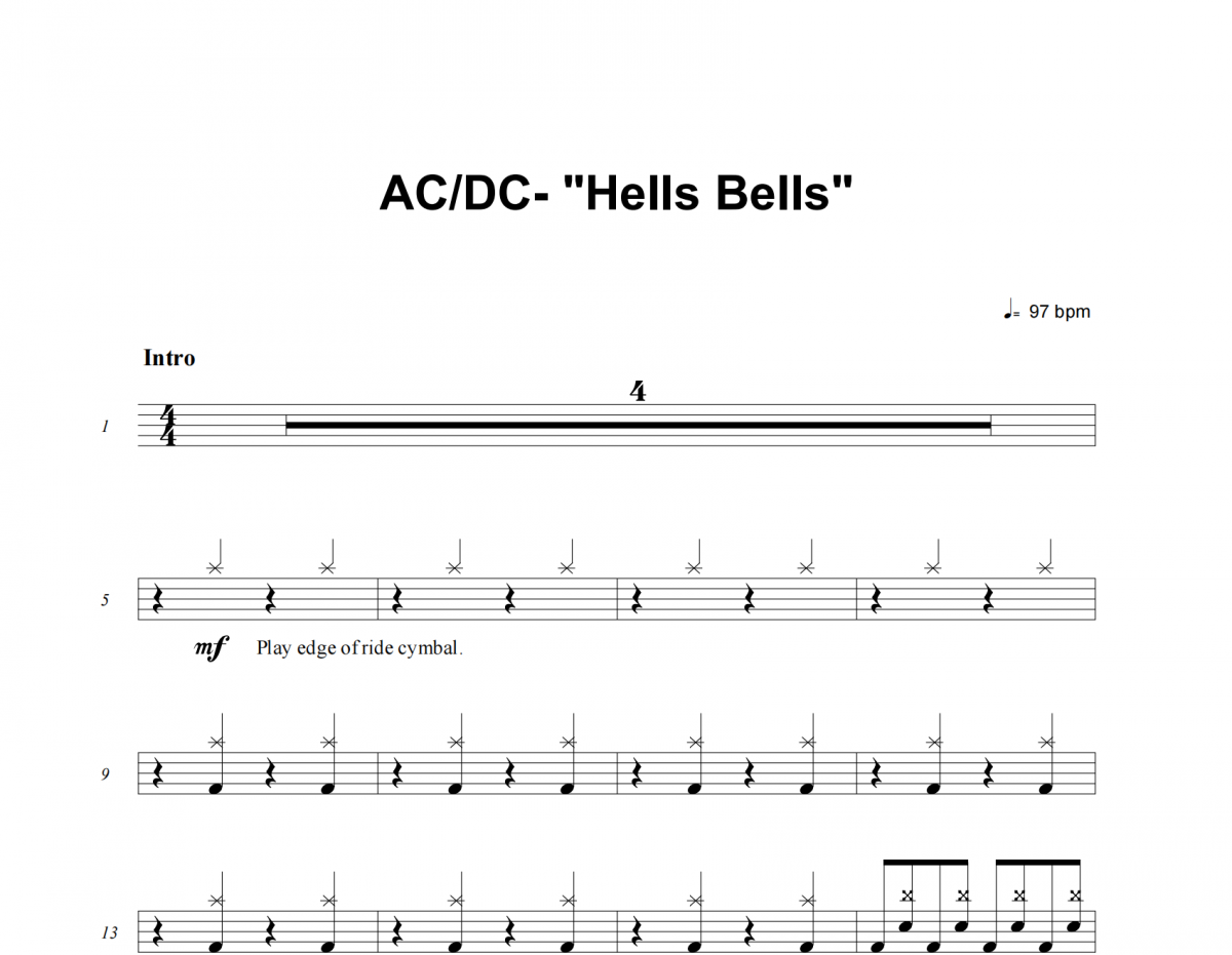 Hells Bells鼓谱 AC/DC《Hells Bells》架子鼓|爵士鼓|鼓谱