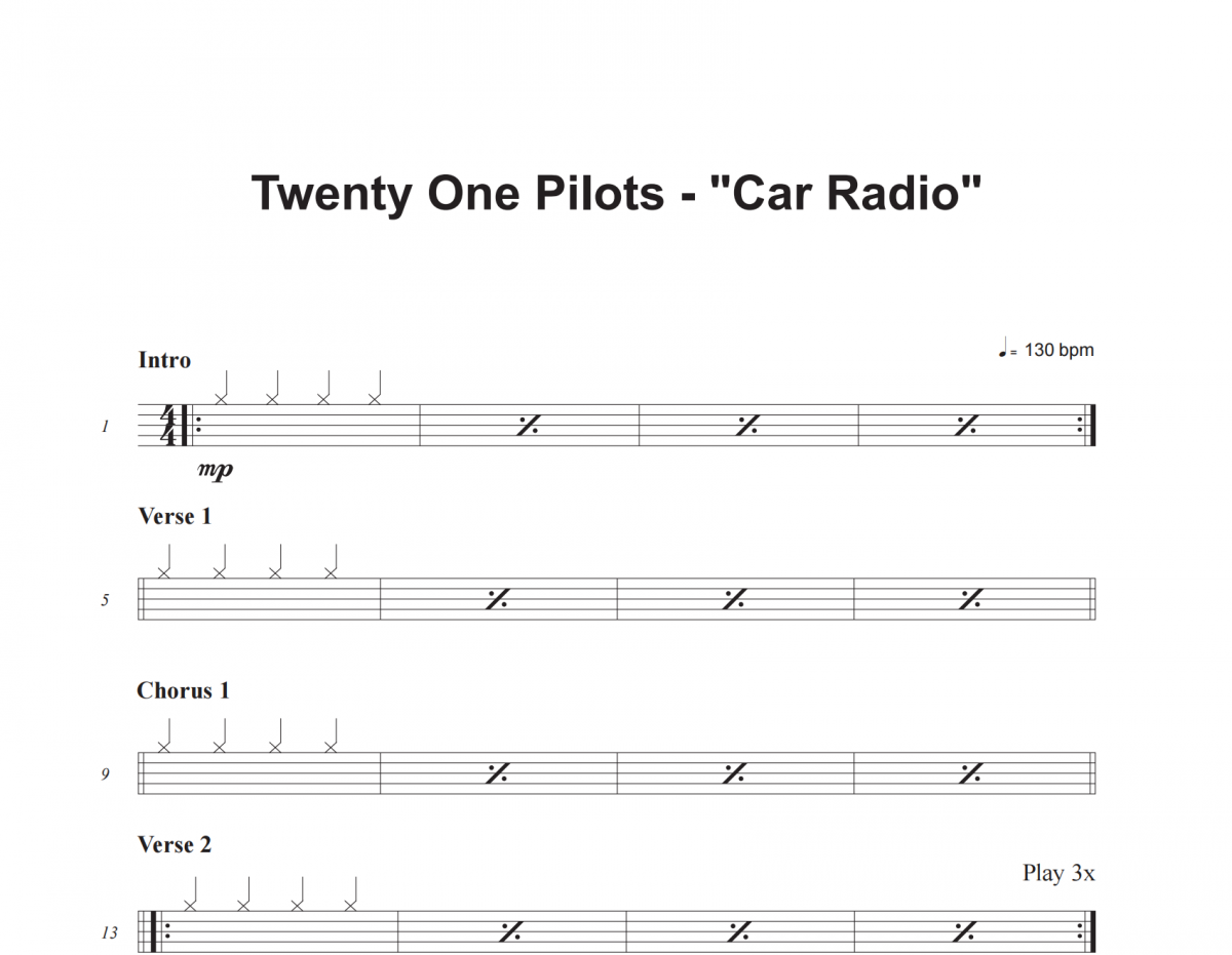 Car Radio鼓谱 Twenty One Pilots《Car Radio》架子鼓|爵士鼓|鼓谱