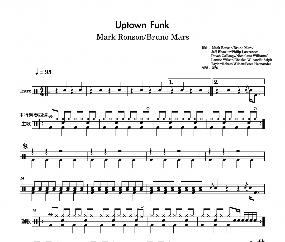 Mark Ronson/Bruno Mars《Uptown Funk》(教学演奏版)架子鼓|爵士鼓|鼓谱