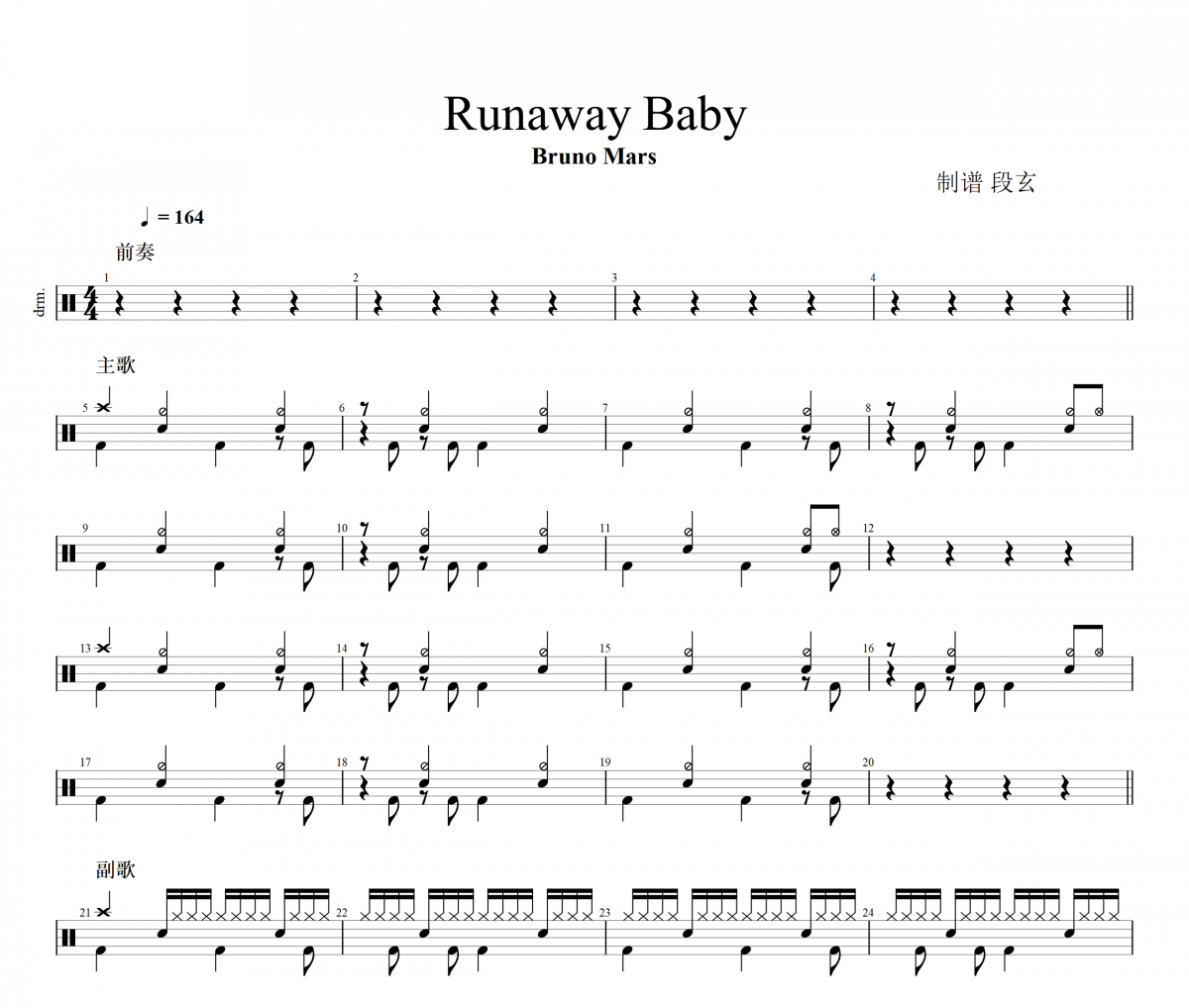 Runaway Baby鼓谱 Bruno Mars《Runaway Baby》架子鼓|爵士鼓|鼓谱+动态视频