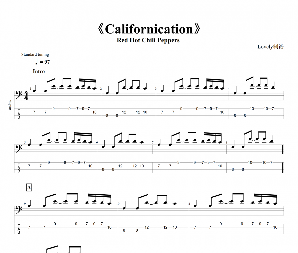 Californication贝斯谱 红辣椒乐队《Californication》贝司BASS谱