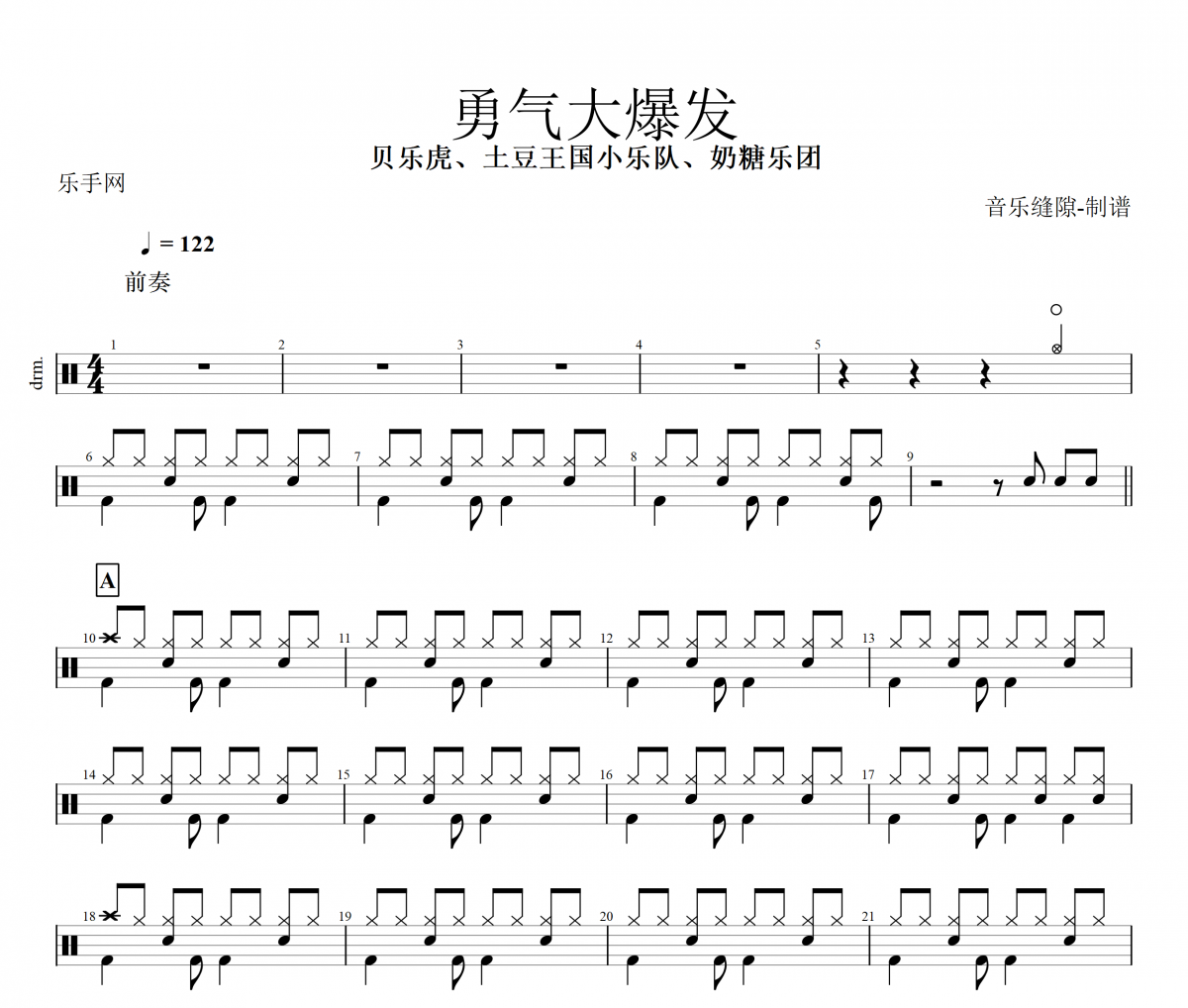 勇气大爆发鼓谱 贝乐虎、土豆王国小乐队、奶糖乐团《勇气大爆发》架子鼓谱+动态视频