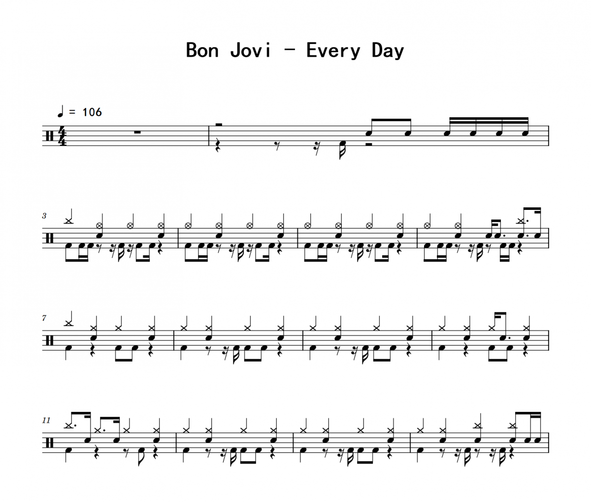 Everyday鼓谱 Bon Jovi《Everyday》架子鼓|爵士鼓|鼓谱