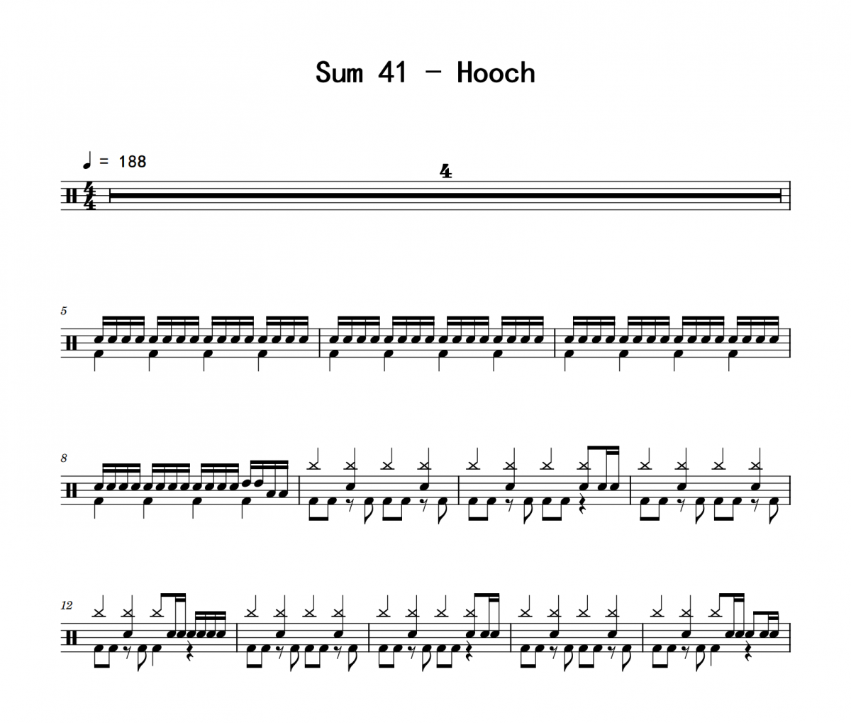 Hooch鼓谱 Sum 41《Hooch》架子鼓|爵士鼓|鼓谱