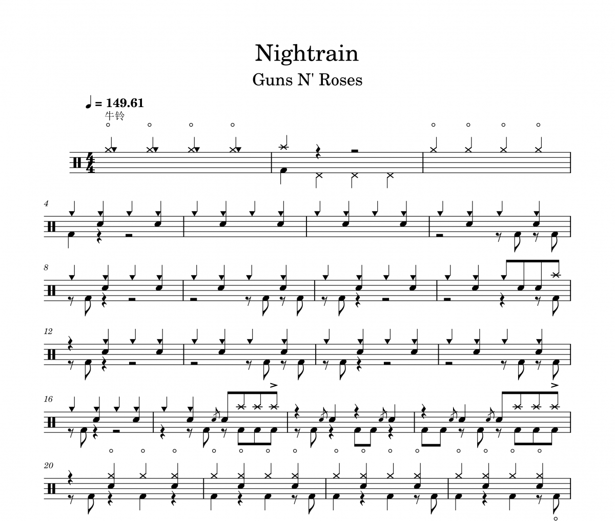 Guns N' Roses《Nightrain》架子鼓|爵士鼓|鼓谱 贝易制谱