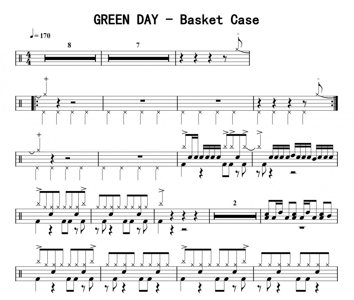 GREEN DAY《Basket Case》架子鼓|爵士鼓|鼓谱 8分音符制谱
