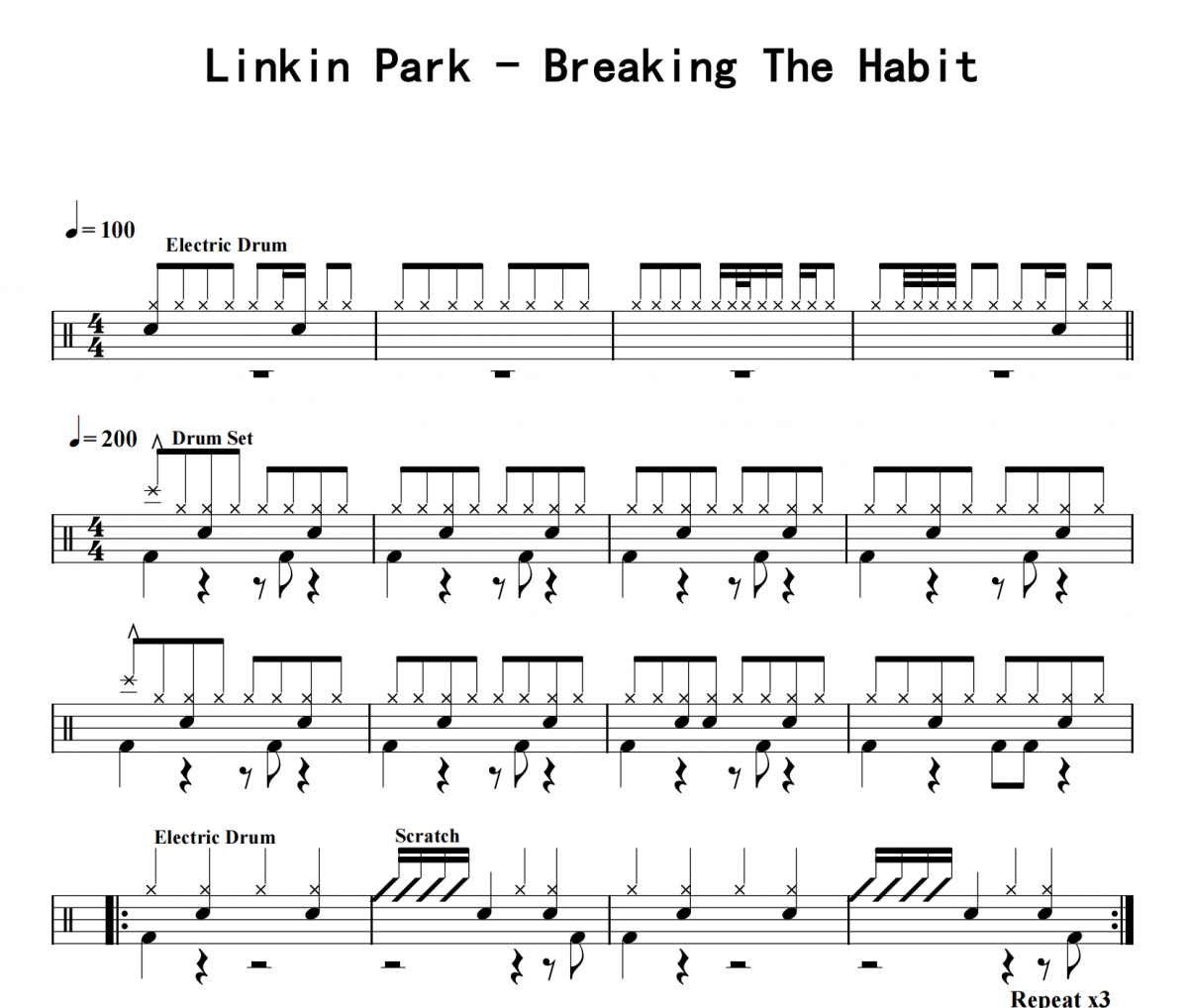 Linkin Park-Breaking The Habit架子鼓|爵士鼓|鼓谱 8分音符制谱