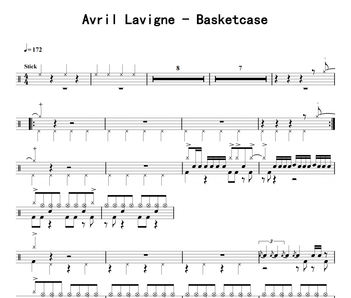 Avril Lavigne-Basketcase架子鼓|爵士鼓|鼓谱 8分音符制谱