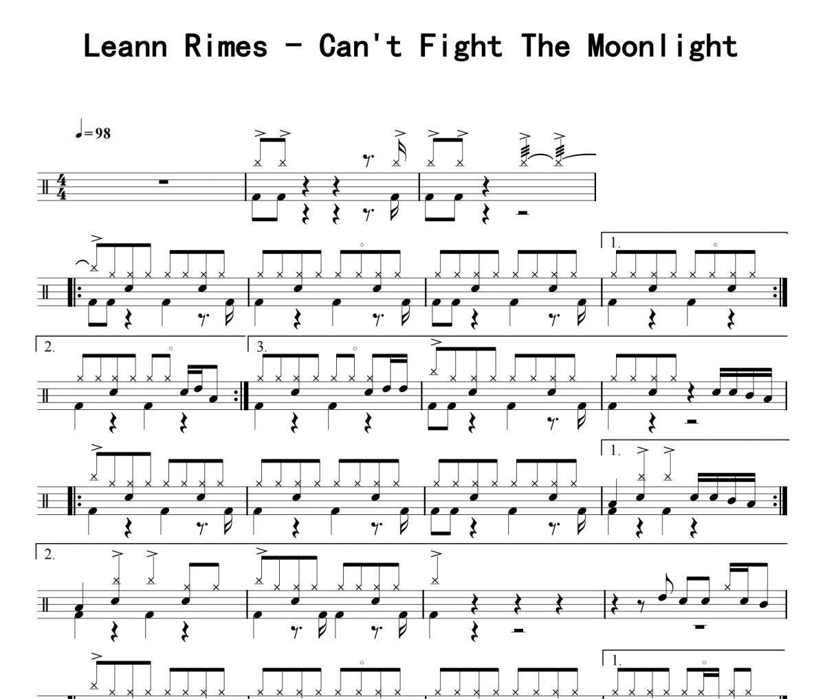 Leann Rimes《Can't Fight The Moonlight》架子鼓|爵士鼓|鼓谱 8分音符发布