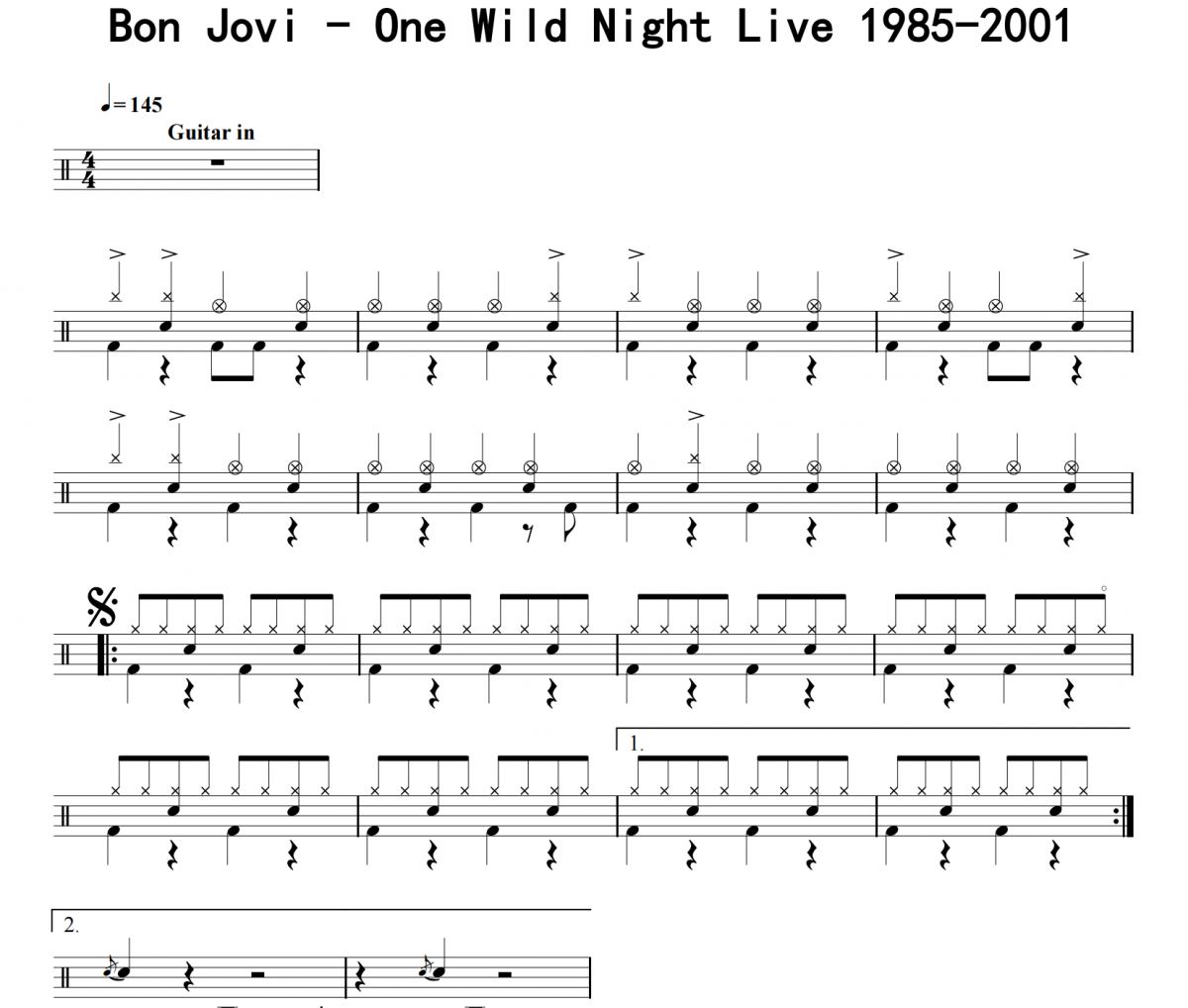 Bon Jovi《One Wild Night Live 1985-2001》架子鼓|爵士鼓|鼓谱 16分音符发布