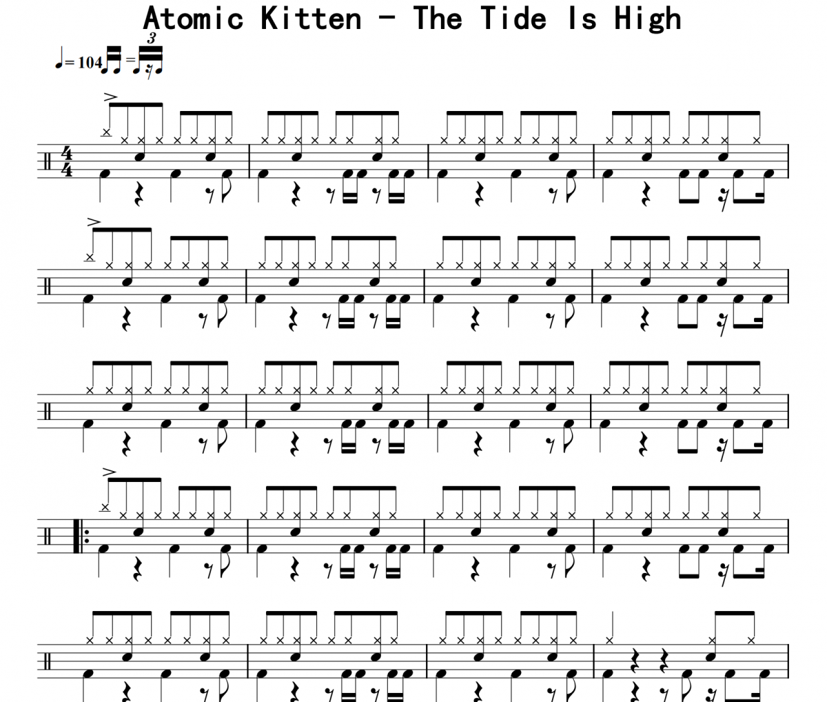 Atomic Kitten《The Tide Is High》架子鼓|爵士鼓|鼓谱 16分音符发布